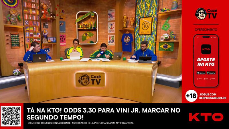 Transmissão da CazéTV durante a Copa do Mundo com inserções publicitárias de apostas esportivas que são alvo de investigação do Ministério da Justiça.